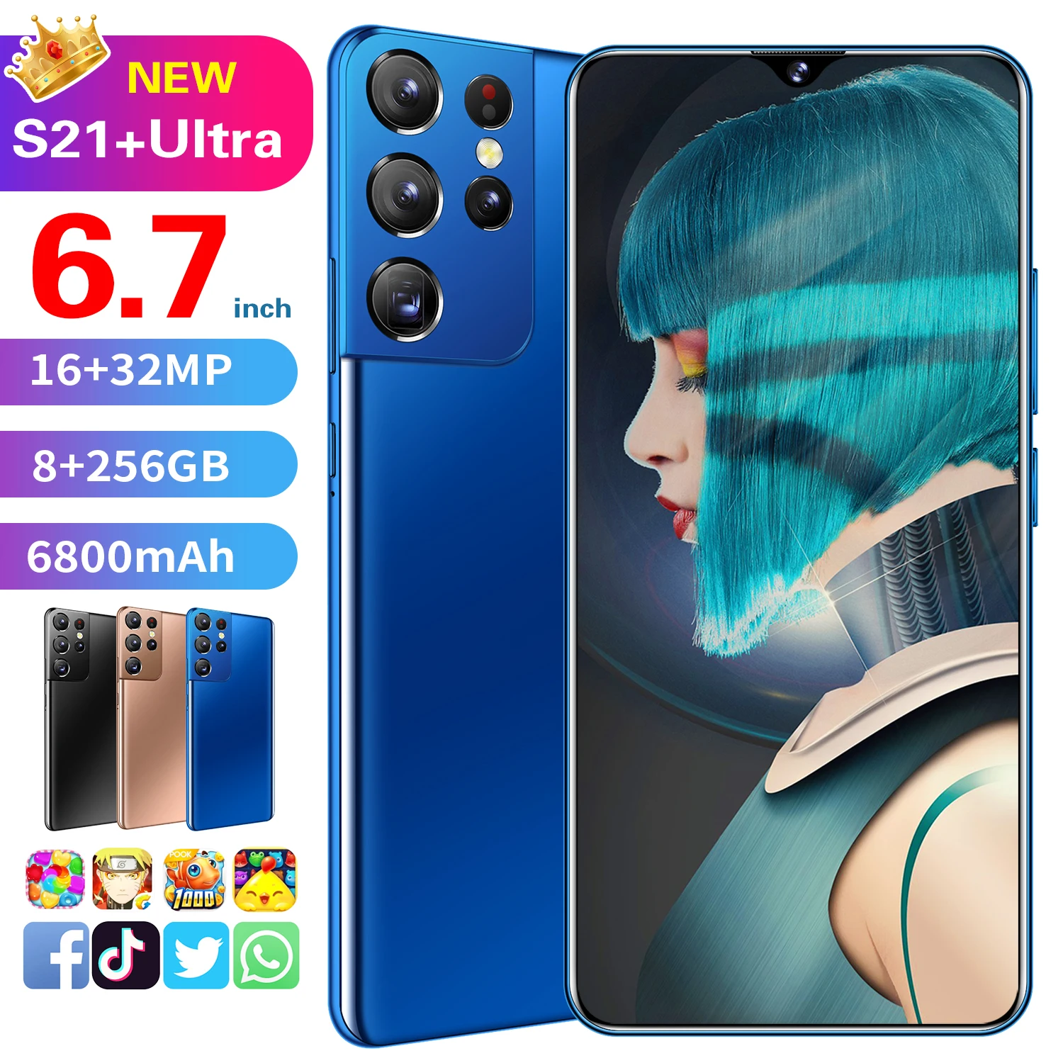 

S21+ Ultra Sansumg Galax Snapdragon888 5G Smartphone 10 Core Mobile Phone Global Version 6800mAh 6.7Inch Cellphone