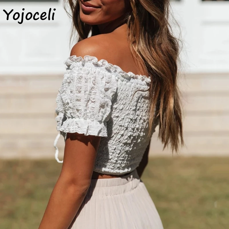 Сексуальные блузки Yojoceli с открытыми плечами женские укороченные топы блузы |