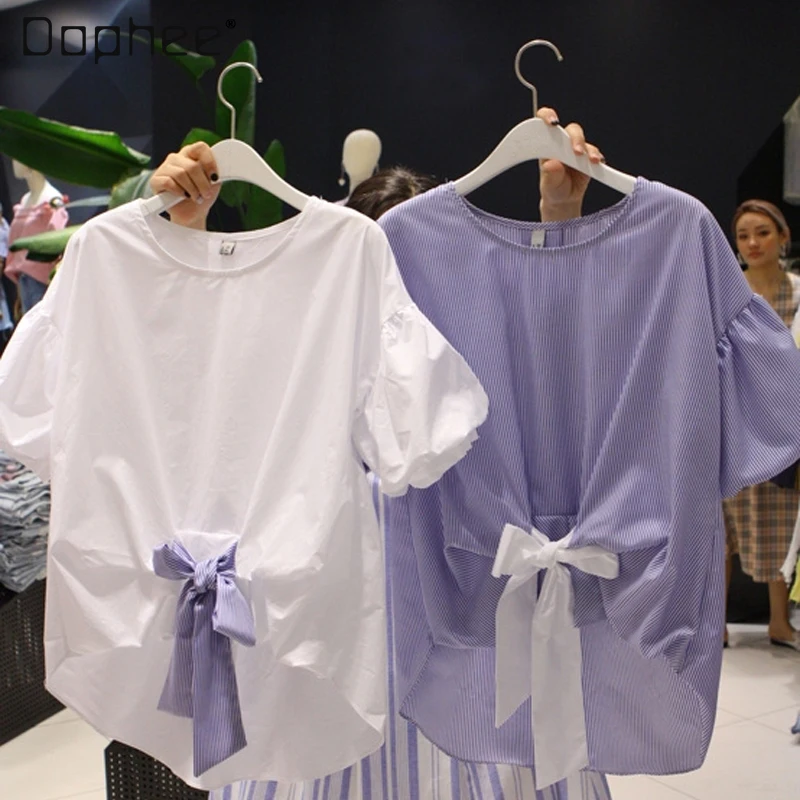 

Женская футболка в полоску, свободная Универсальная футболка с пышными рукавами, весна-лето 2021