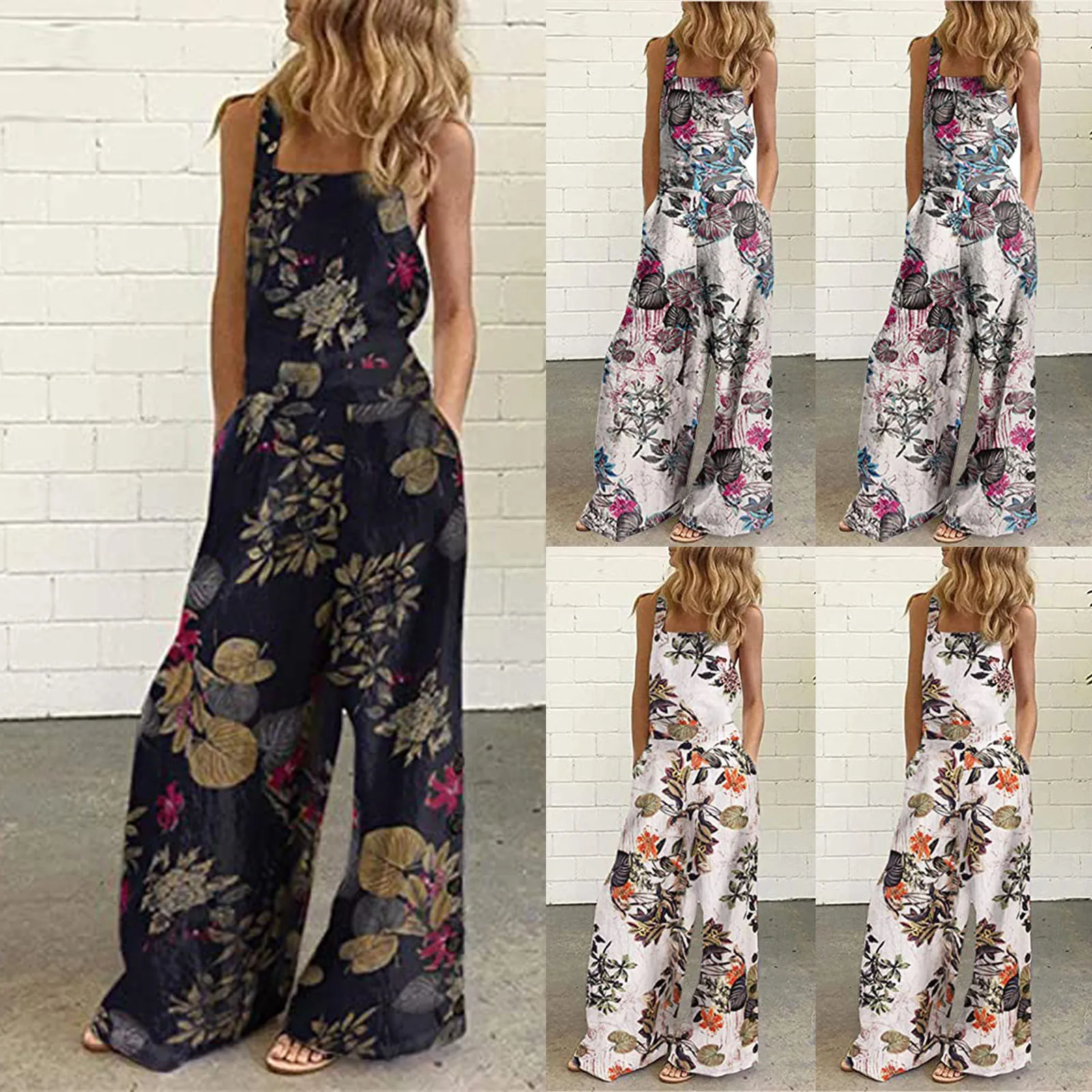 

Summer Women's jumpsuit Fashion Landscape Floral Printed Pocket Button Camisole Jumpsuit Ladies Jumpsuit комбинезон женский лето