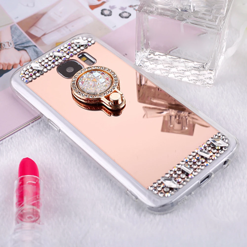 LAPOPNUT Rhinestones Metal Ring Mirror Back Case for Samsung Galaxy S20 Ultra S10 S10e Note10 8 9 S9 Plus S8 S7 S6 Edge Cover |