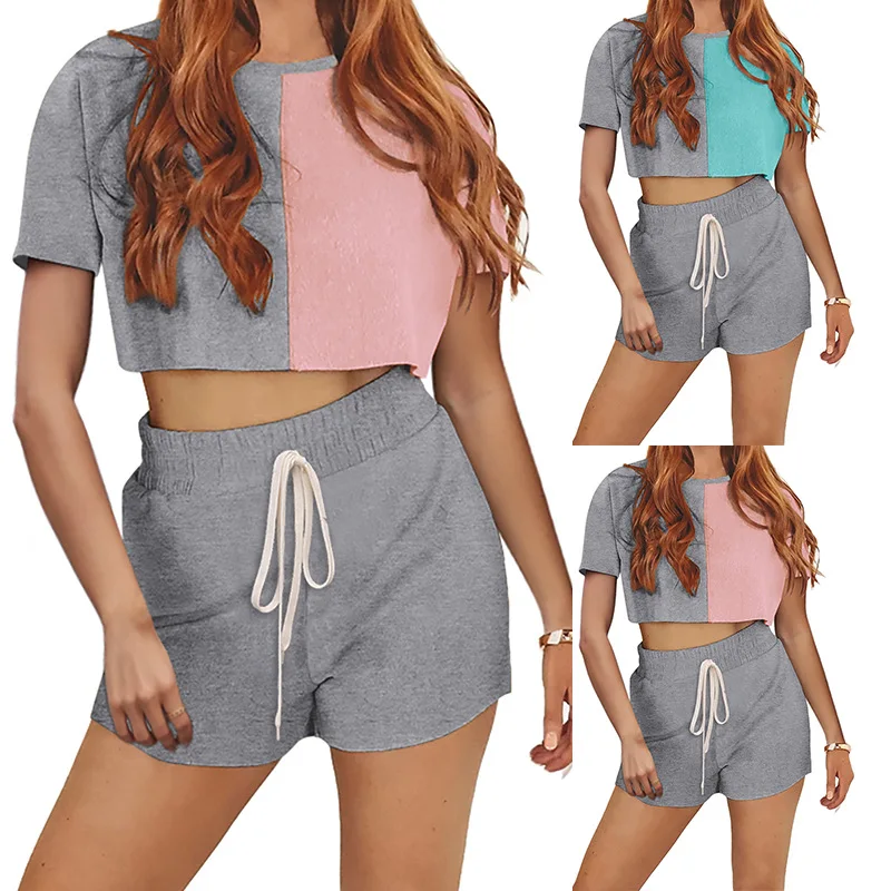 

Women Summer Short Sleeve Crop Top and Shorts Suits 2 Piece Set Patchwork Casual Loose Sport O-Neck Female Streetwear Outfits