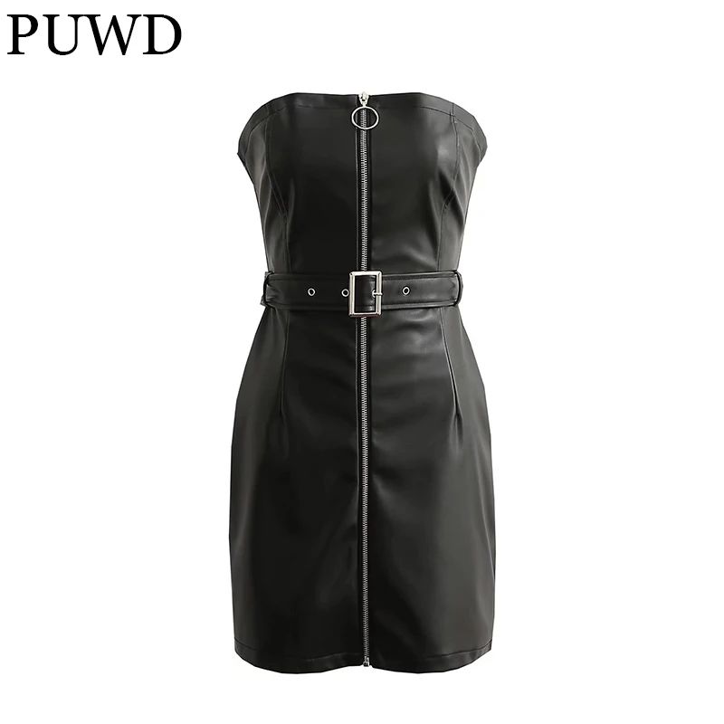 

PUWD Cool Women Imitation Leather Zipper Bag Hip Skirt Autumn 2021 With Belt Retro Leisure Solid Slim Female Chic Tube Top Skirt