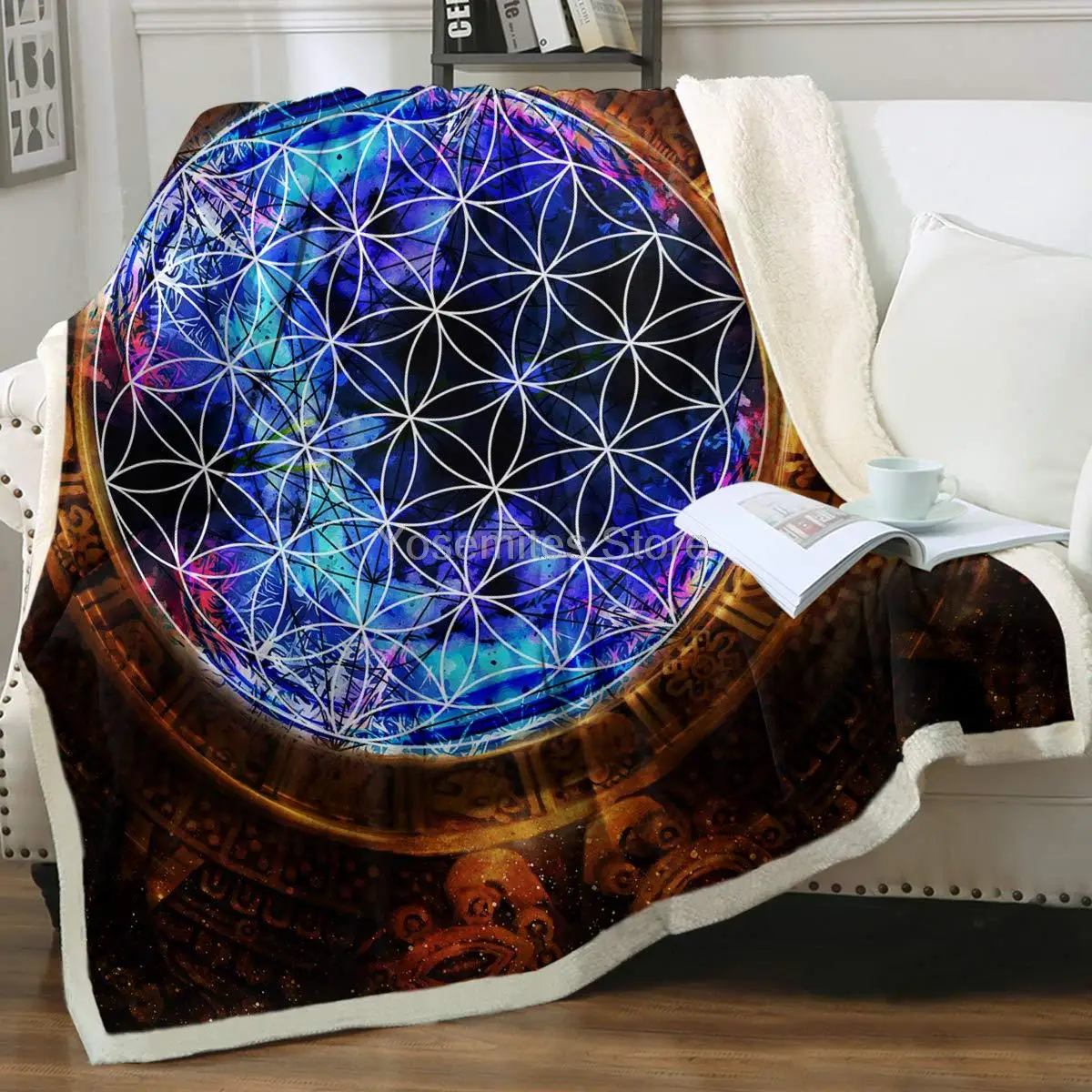 

Sleepwish Sacred Geometry Luxury Sherpa Blanket Flower of Life Ancient Mayan Calendar 3D Design Fleece Blanket Fuzzy Throw Queen