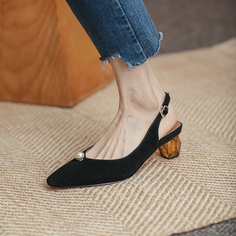 

Sandals women's Korean Pearl crystal heel women's shoes 2021 new leather back empty shoes spring and summer high heels