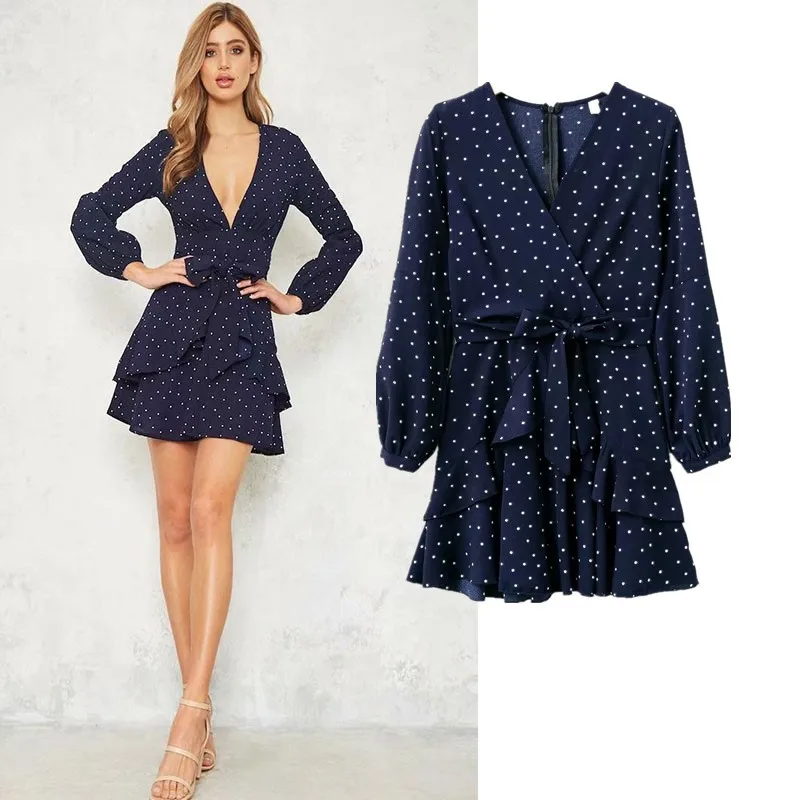 2019 модное женское платье с длинными рукавами гофрированное бантом и поясом Vestidos