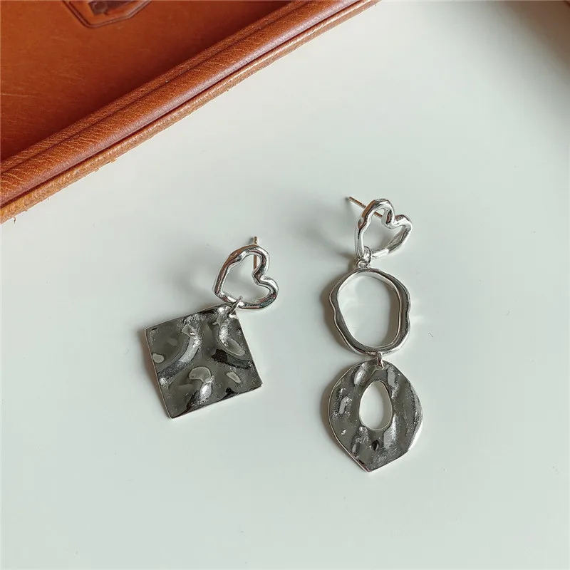 

POFUNUO Real 925 Sterling Silver Women Asymmetric Design Lovers Stud Earrings Heart Geometric Irregular Charm Ear Studs For Girl