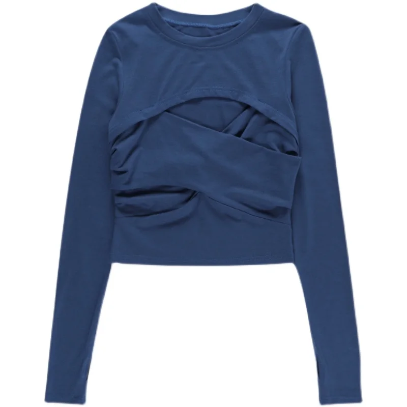 

2021 spring all-match T-shirt female ins bottoming shirt design niche scheming hollow long-sleeved top slim slimming