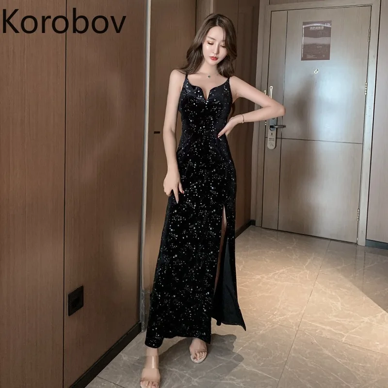 Korobov винтажное женское платье на бретелях спагетти корейские пикантные черные
