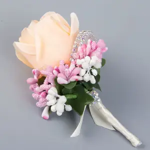 1Pc Women Men Wedding Artificial Rose Flower Brooch Bouquet Corsage Glitter Rhinestone Ribbon Lace Classic Prom Boutonniere D5QB