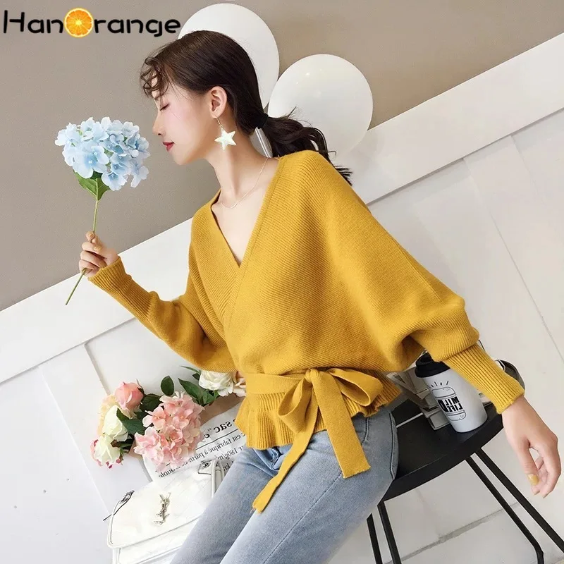 Open Back V-neck Belt Loose Pullover Sweater 2020 Autumn Winter Women Bat Sleeve | Женская одежда