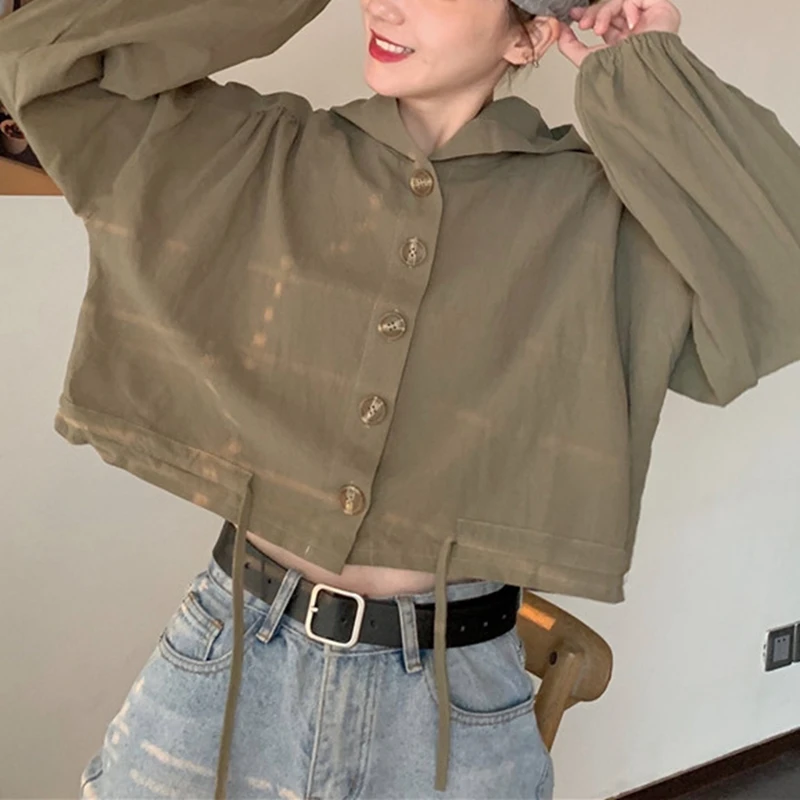 

Women Korean Hooded Jackets Drawstring Loose Tops Casual Long Sleeve Cardigan Short Coats One Size