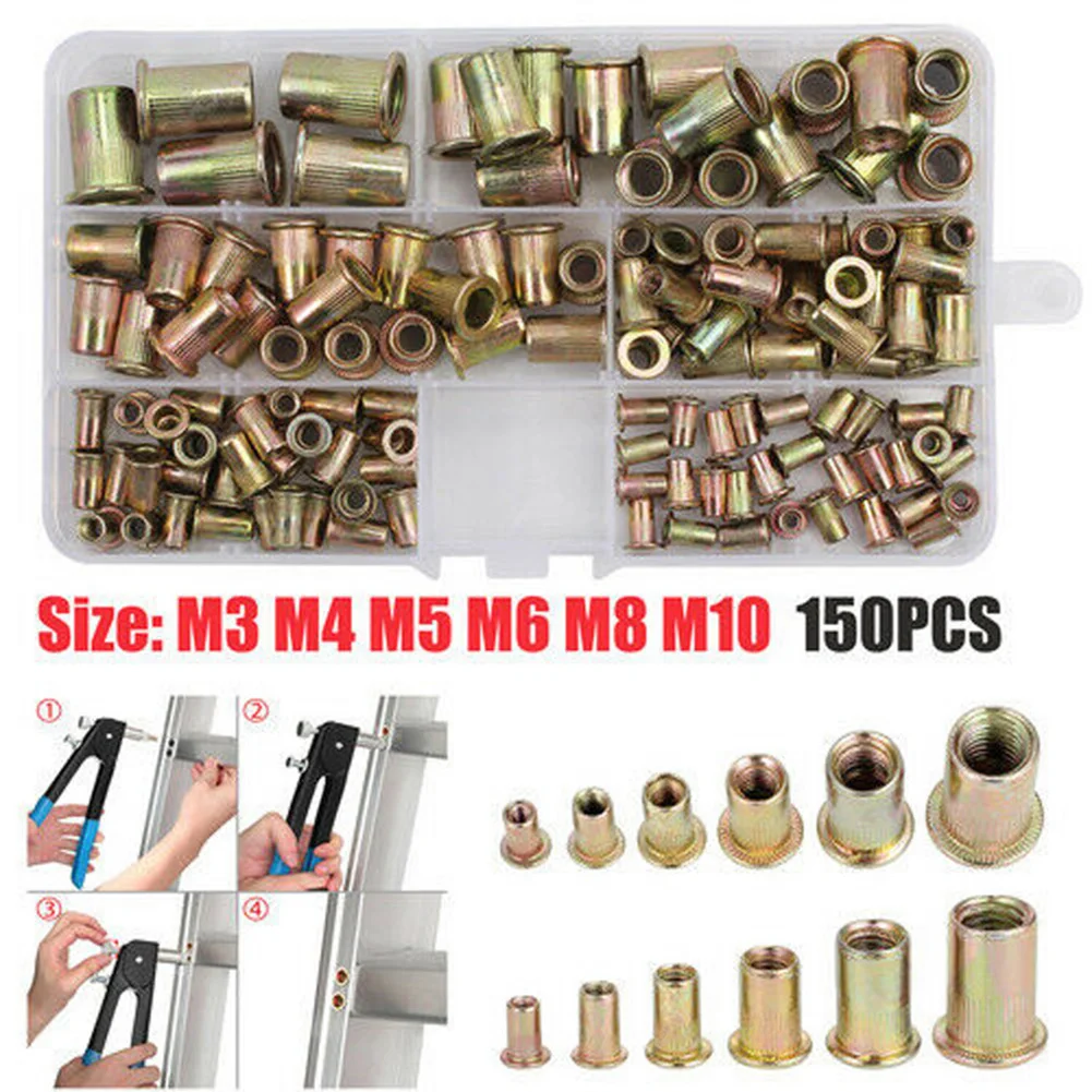 

150PCS Rivet Nut Threaded Insert Tool Kit Nutsert Riveter Hand Riveting M3 M4 M5 M6 M8 M10 Flat Head Rivet Nuts Set With BOX