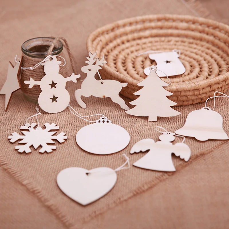 

10pcs Christmas Tree Hanging Wooden Ornaments Pendant Wood Snowflake Snowman Elk Bell Rustic Embellishments Navidad Decoration