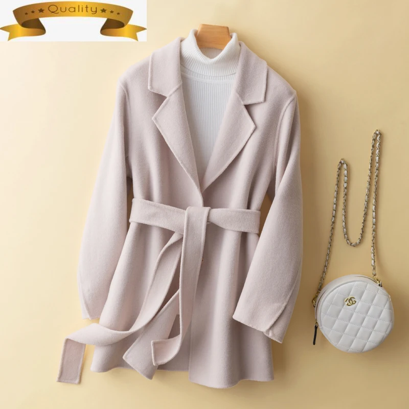 

Женское пальто, куртка из 100% шерсти, осенне-зимняя женская куртка из двусторонней шерсти, красная Корейская одежда, элегантные женские паль...