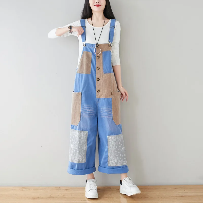 Patchwork Jeans Jumpsuit for Women Loose Home Casual Denim Overalls Wide Leg Baggy Bib Pants Bleached Colour Block Trousers