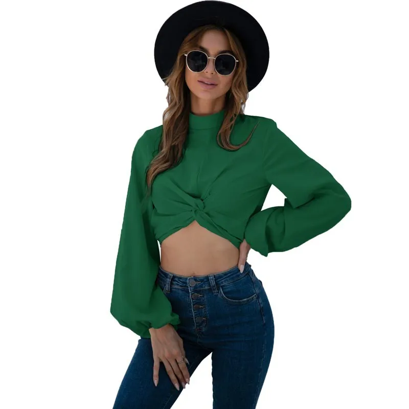 

Spring Autumn Fashion Woman Blouses And Shirts 2021 Casual Green Chiffon Folds Lantern Sleeve Crop Tops Women