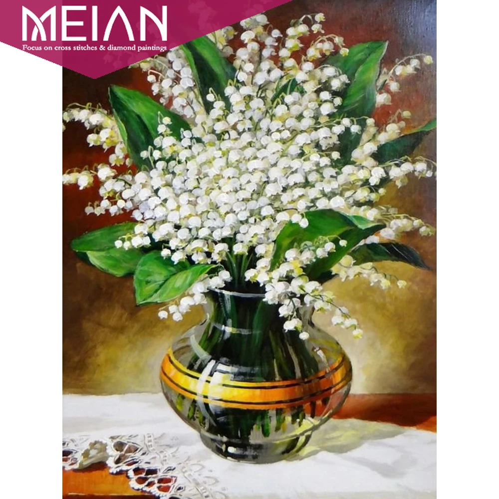 2020 Алмазная картина Meian с цветами круглые бусины ландыши картины стразы цветы