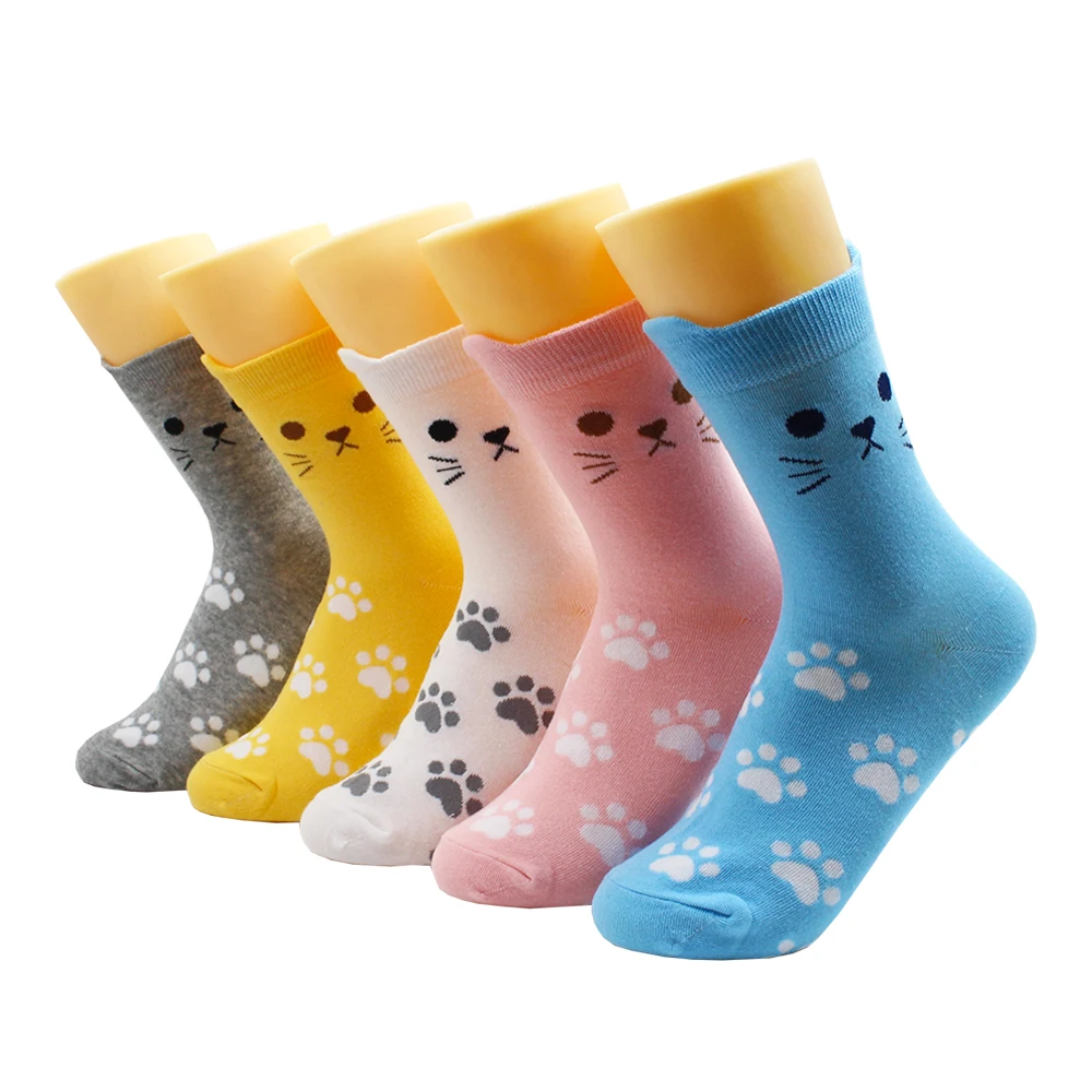 

5 Pairs Harajuku Hip-Hop Korean Kawaii Cute Women Socks Fashion Cartoon Animal Print Cat Dog Duck Happy Funny Girl Cotton Socks