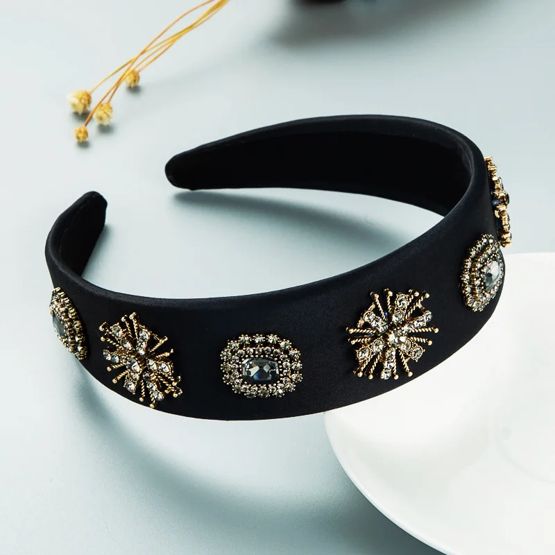 

Повязка на голову стразы из черного стекла, атласный винтажный дворцовый головной убор, повязка на голову в стиле барокко с кристаллами, модный головной убор для показа