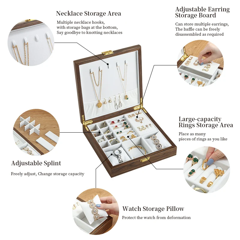 Casegrace Wooden Jewelry Organizer Watch Stand Storage Box Jewellery Earrings Ring Necklace Makeup Packaging Casket Storage Box