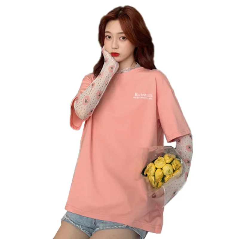 

Net red short sleeve T-shirt women's two piece set South Korea 2020 summer new sunscreen with long sleeve mesh top set