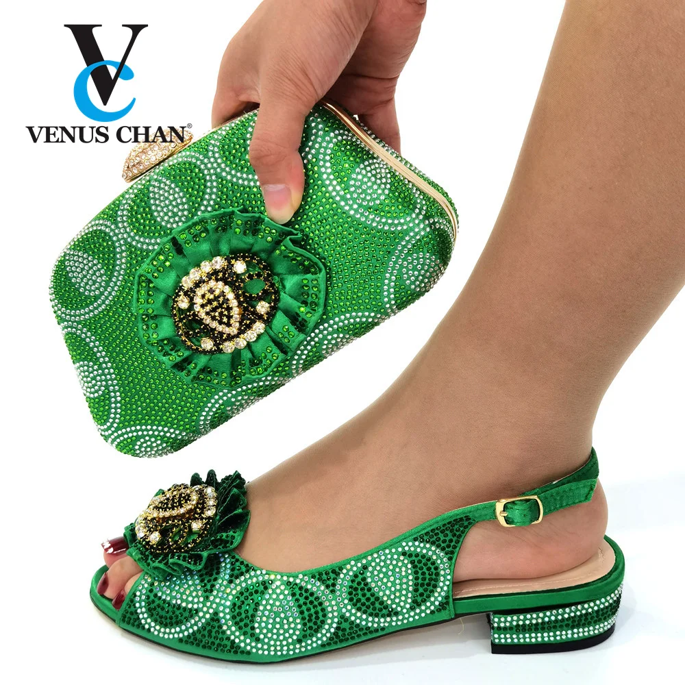 

2021 New Arrivals Green Color Italian Design Nigerian Women Shoes and Bag Set Comfortable Heels Slingbacks Pumps for Party