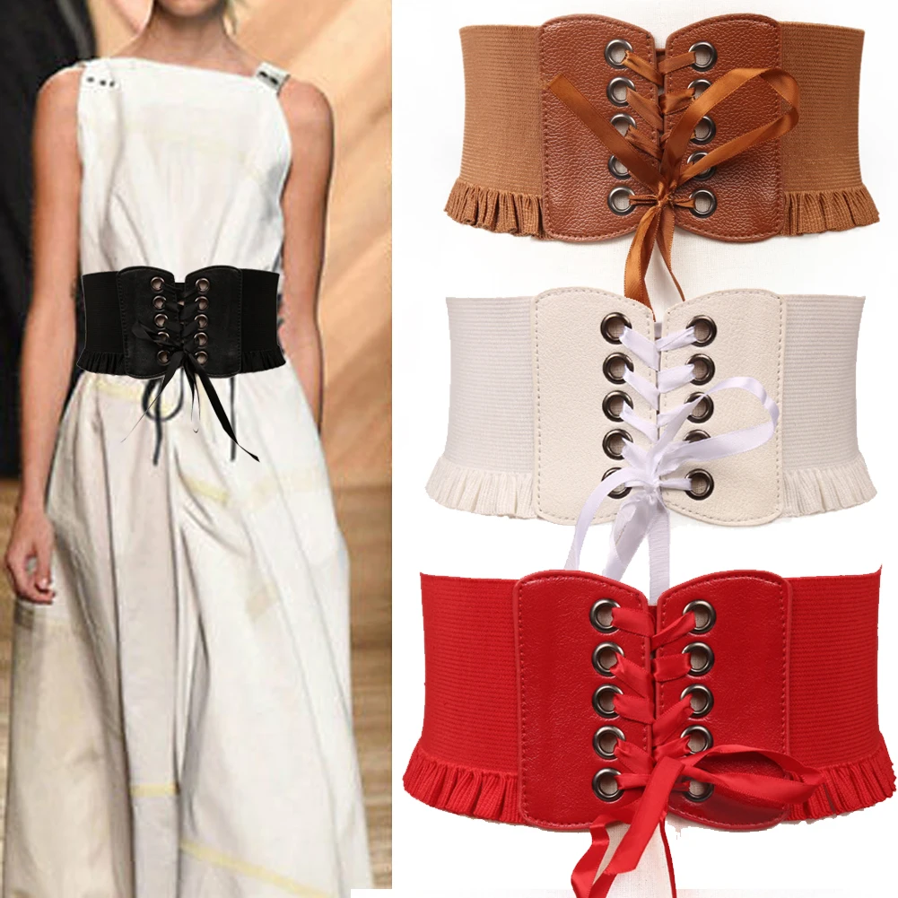 

Fashion Women Lady Stretch Buckle Waist Belt Wide Elastic Corset Waistband Corset Around Cinch PU Leather Tie Bowknot