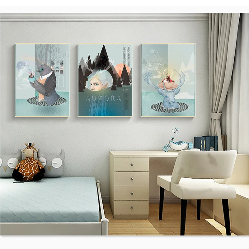 Мультфильм Аврора Приключения Цитата птицы Настенная картина с оленями холст