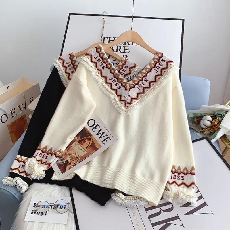 

EBAIHUI Woman Sweaters Print Lace Pearl Ruffled V Neck Collar Pullover Knitted Elegant Vintage Loose Winter Women Sweater Jumper