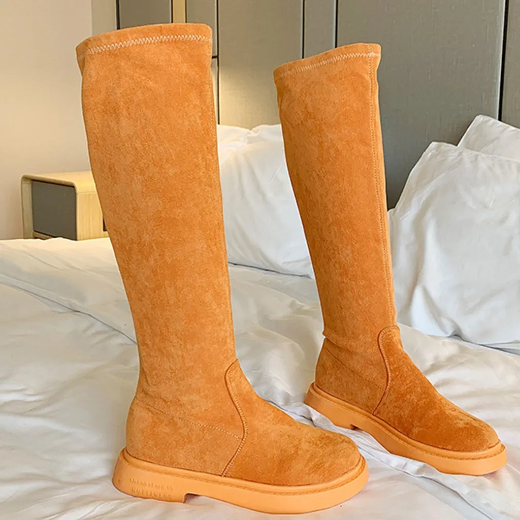 Флоковые сапоги до колена на платформе и высоком каблуке Однотонные ярких цветов