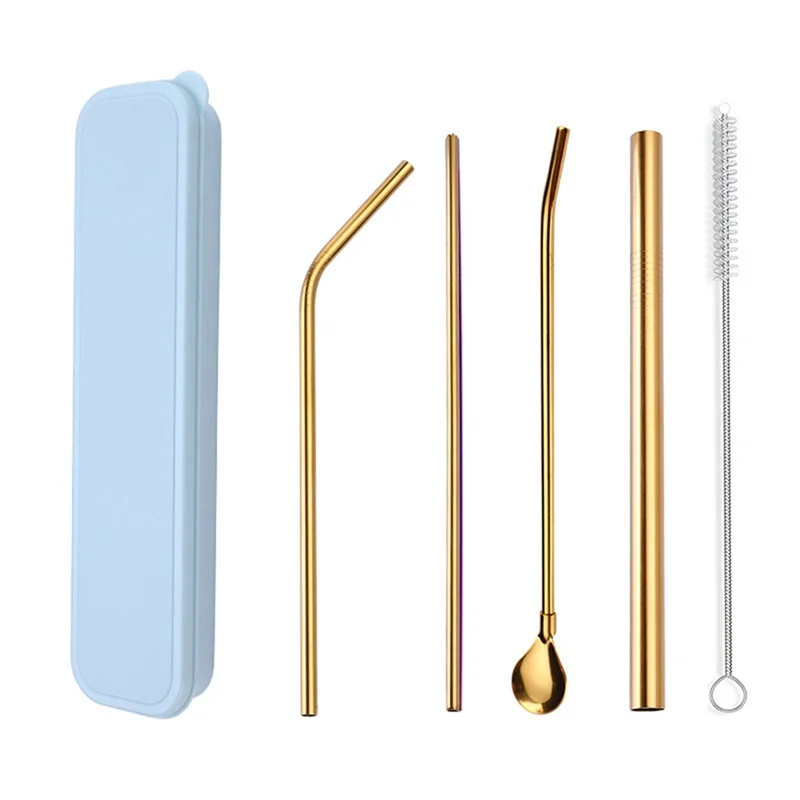 

HOT Kitchen 304 Stainless Steel Straws Set Milk Tea Straight Tube Beverage Elbow Cleaning Brush Box Set