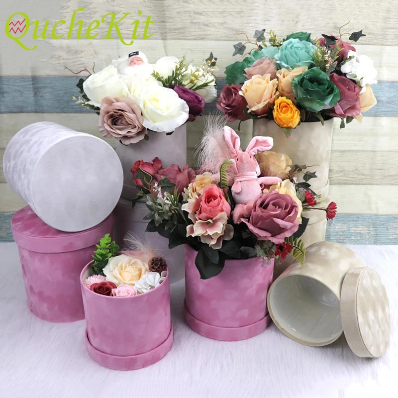 

3Pcs/Set Round Shape Velvet Gift Box Gift Bag Flower Bouquet Box Gift Packaging Bag Florist Packing Box for Valentine's Day Gift