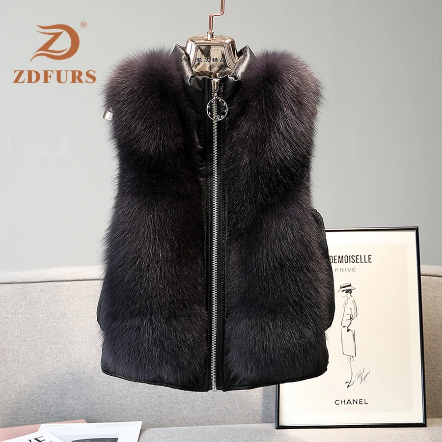 ZDFURS* натуральный Лисий мех жилет Стильный Зимний короткий толстый женский меховой жилет куртка пуховик натуральный мех жилет пальто тонкий однотонный