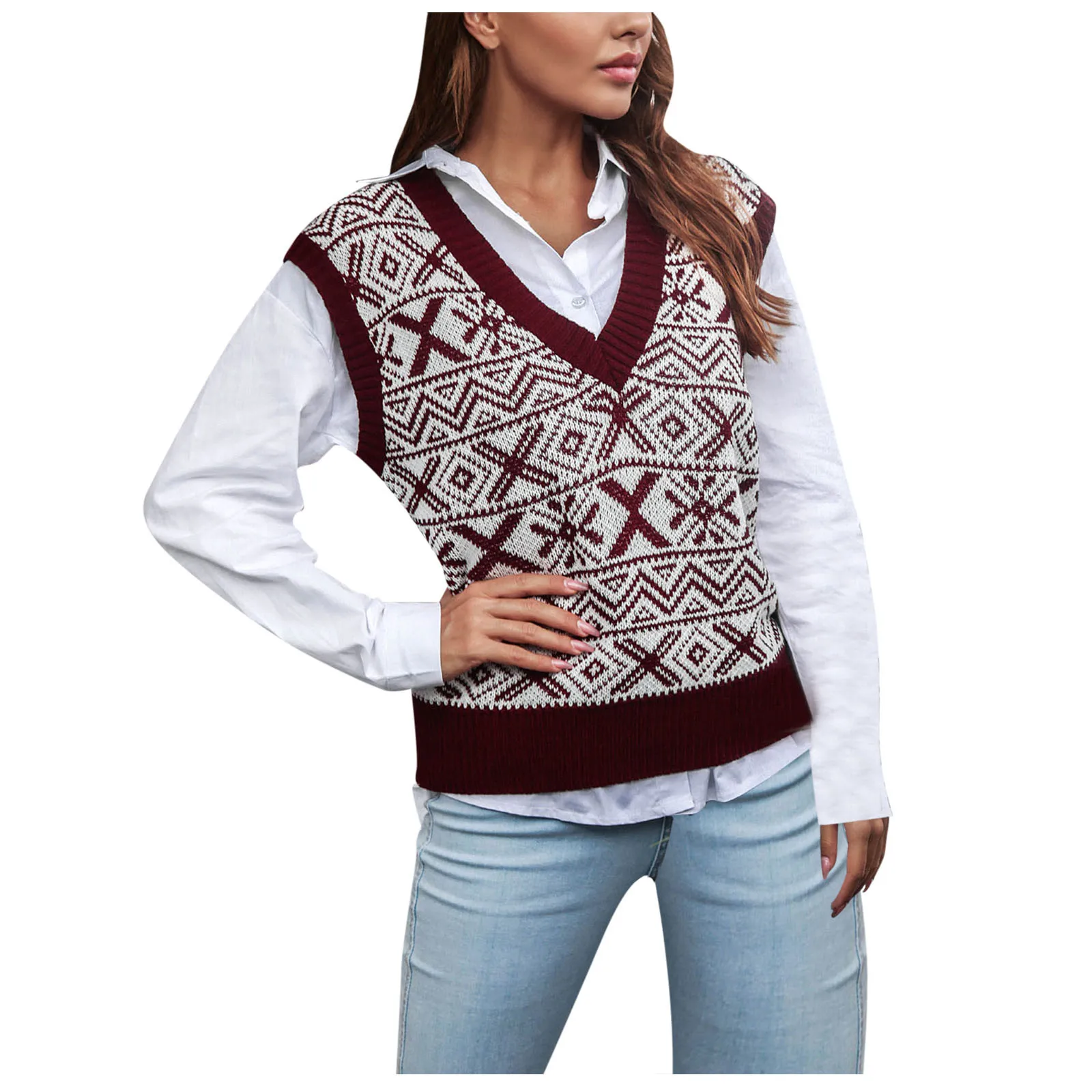 

Осенние женские свитера, жилет, v-образный вырез, цветной блок, винтажный Печатный пуловер с вырезом в виде буквы V, топ, цветной блок, вязаный ...