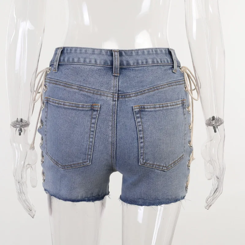 

2021 Summer New Bandage Short Jeans Distressed Women Denim Light Blue High Waist Bottom Shorts Club Party Activewear Outfits