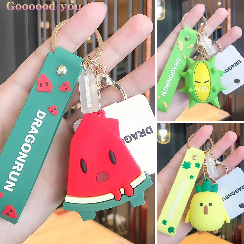

Cartoon Fruit PVC Keychain Charms Women's Backpack Pendant Cute Watermelon Pineapple Durian Key Chain Accessories Gift For Girls