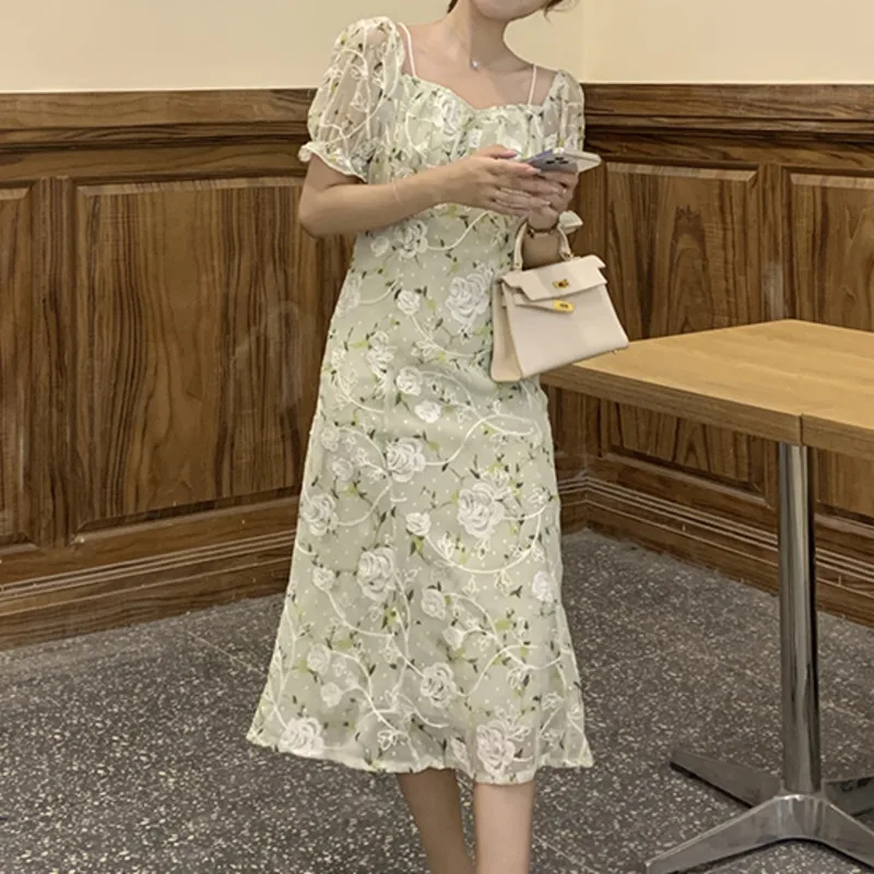 

2021 New Summer Vintage Bubble Sleeve Boho Beach Dress Short And Long Women French Elegant Casual Embroidery Strap Dress Vestido