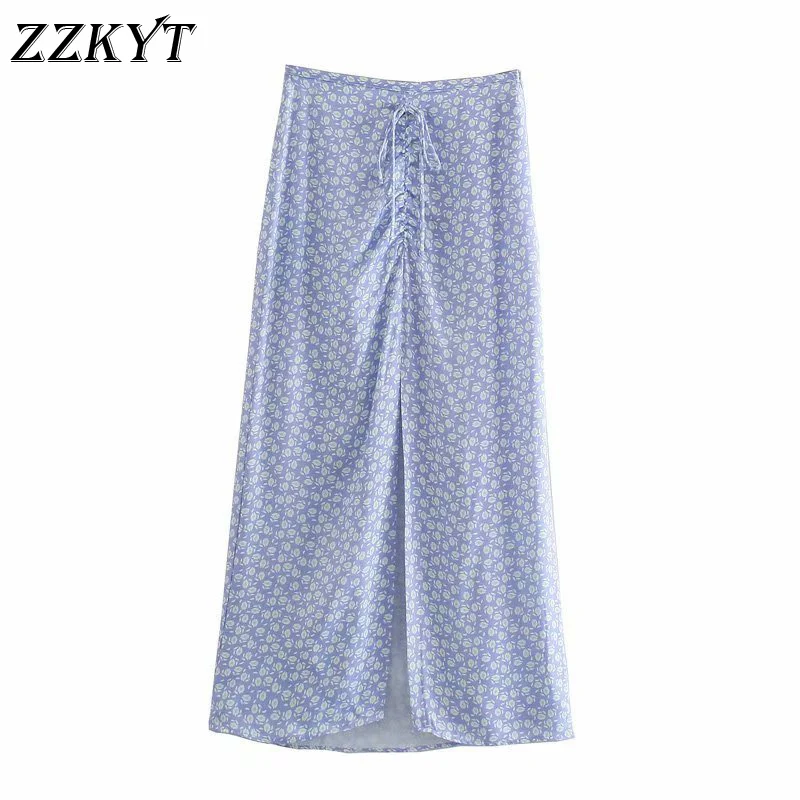 

ZZKYT 2021 Women Summer Fashion Floral Print Bow Tie Midi Skirt Vintage Side Zipper Ladies Skirts Casual Faldas Vestidos Mujer