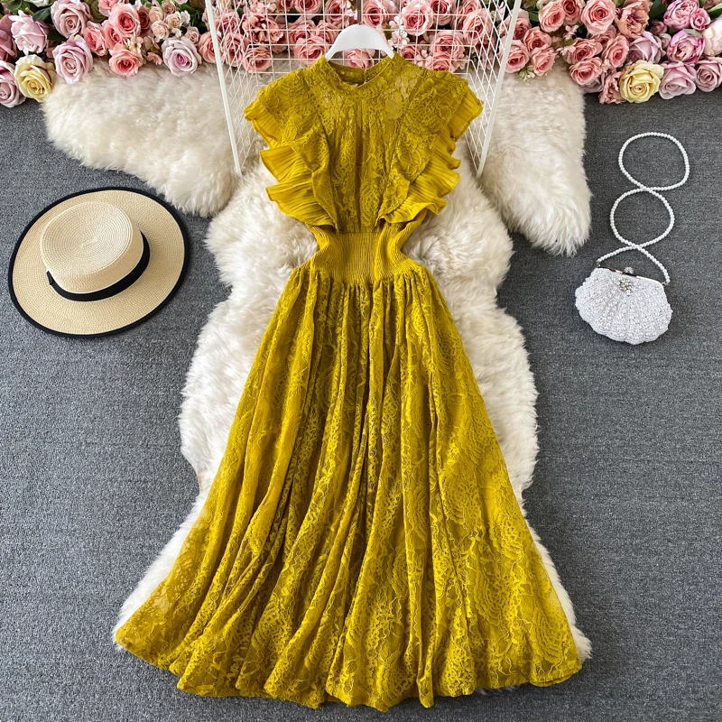 

Spring and Autumn Lace Round Neck Dress Long Sleeve Fashion Slim Slim Thin Elegant Ruffled Frilled Long Skirt Dress Skirt Women