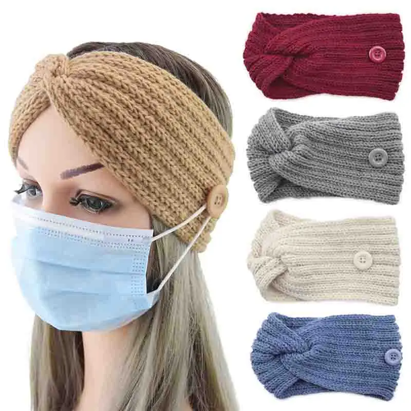

Autumn Winter Hair Accessories Warmer Ear Cross Head Wrap Knitting Woolen Solid Color Women Headband Handmade Button Hairbands