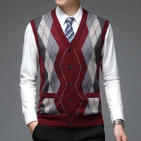 autum fashion brand argyle cardigan diamond sweater deep v neck knit vest men trendy 6 wool sleeveless casual men clothing