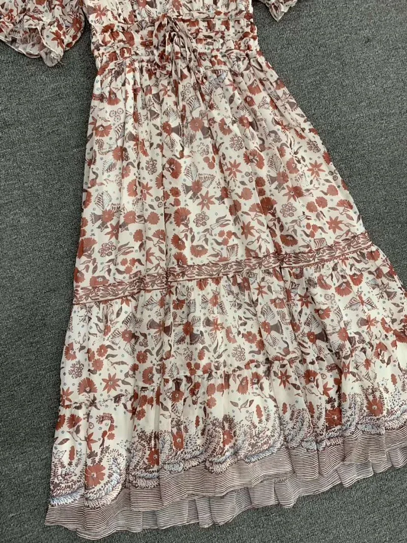 

Newest Fashion Summer 2020 High Quality Women V-Neck Exquisite Floral Print String Deco Short Sleeve Large Swing Dress