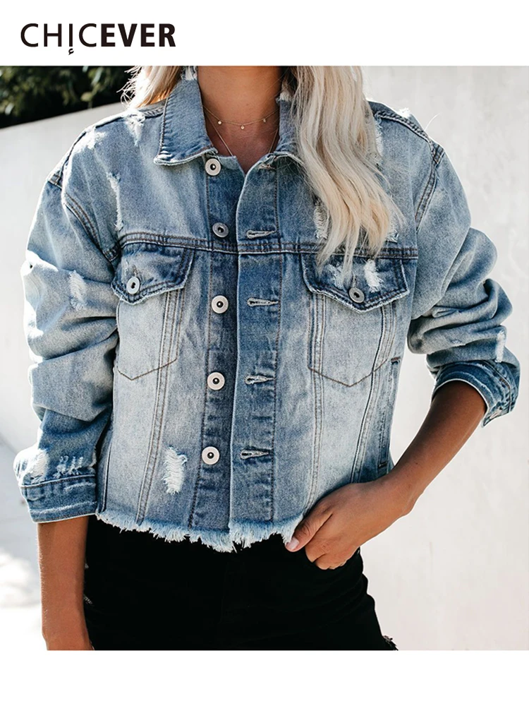 

CHICEVER Casual Ombre Denim Coat For Women Lapel Long Sleeve Dual Pocket Patchwork Raw Hem Loose Jackets Female 2021 Clothes New