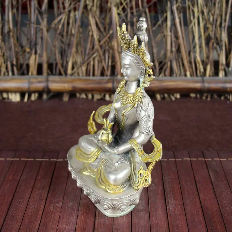 

China old Feng Shui ornaments white Copper gild Silver guanyin Statue