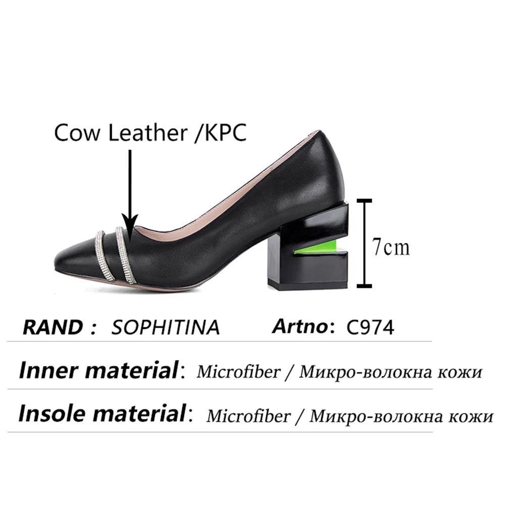 

SOPHITINA Women Pumps Fashion Rhinestone Chain Cow Leather Pumps Square Toe Green Thick Heels Plus Size 36-43 Lady Shoes C974