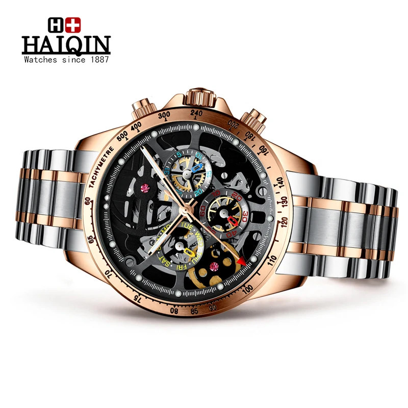 HAIQIN Mechanical Watches For Men Skeleton Automatic Watch Men Stainless Steel Watches Mens Luxury Wristwatch Men 50M Waterproof
