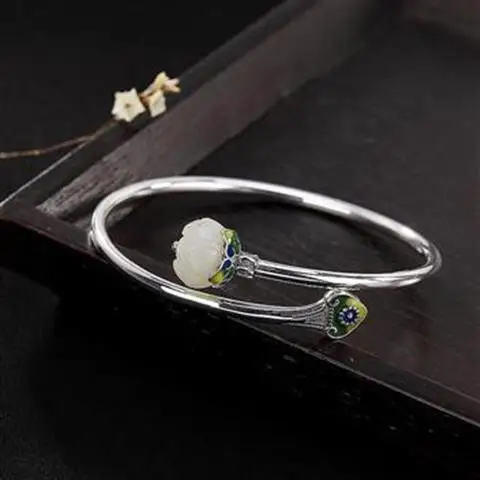 

Han Chinese Clothing Cheongsam with S925 Sterling Silver Lotus Natural Hetian Jade White Jade Personality Lotus Female Open-End