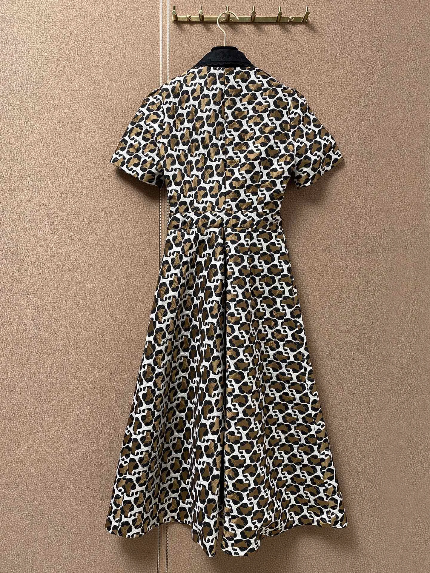 

Spring Runway Fashion Midi Long Dress Women's Short Sleeve Peter Pan Collar Leopard Print Cotton Wadded Festa Vestido