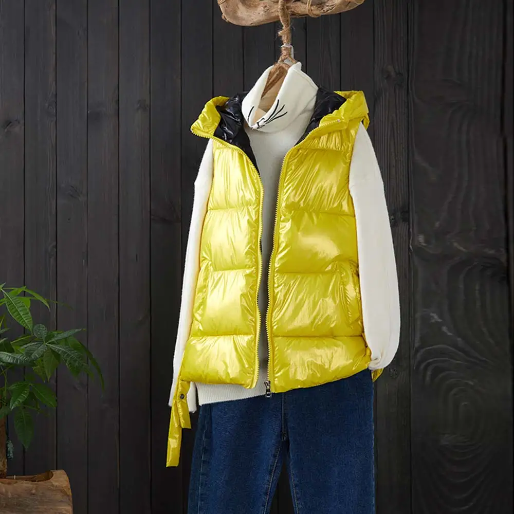 

Autumn Winter Vest Women Waistcoat 2020 Female Shinny Patchwork Sleeveless Vest Jacket Hooded Warm Short Vest Coat